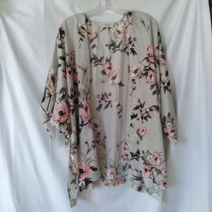 Audrey 3+1 Silk Kimono Womens Size M Gray Rose Floral Print Open Front